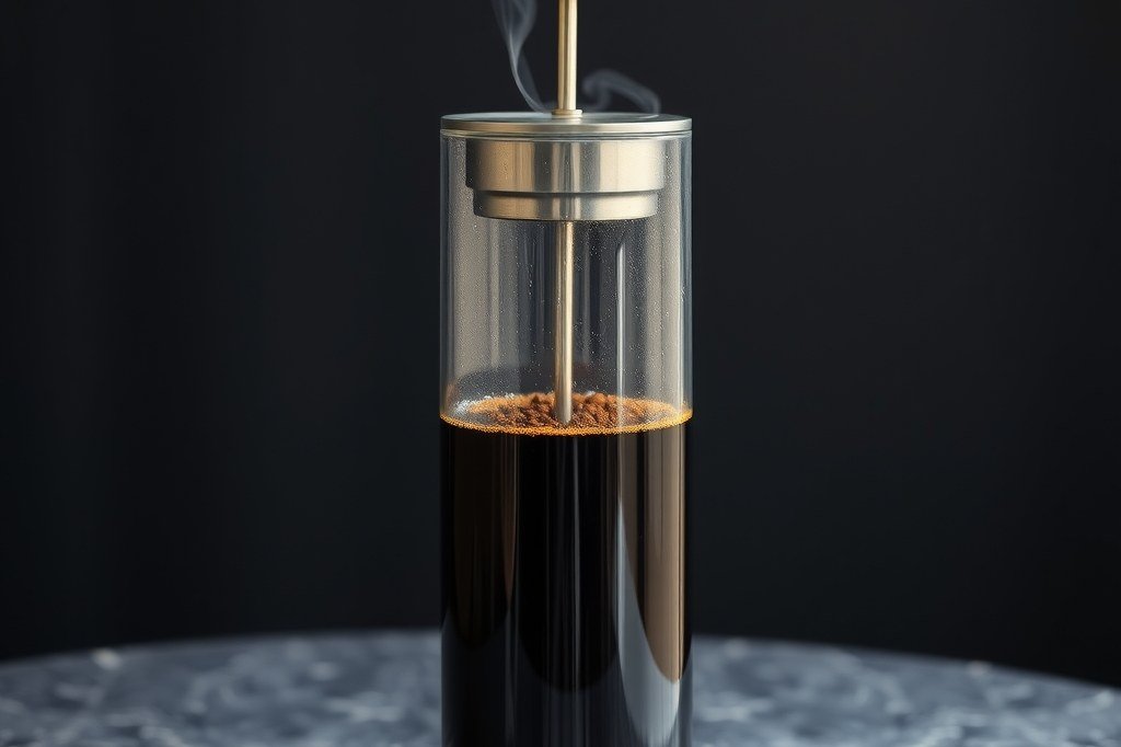 Prensa francesa de vidrio con café recién hecho, posillo flotante y vapor subiendo
