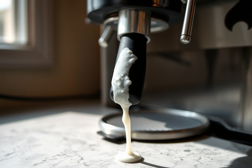 Punta de vaporizador de leche con costra blanca reseca y gota cayendo