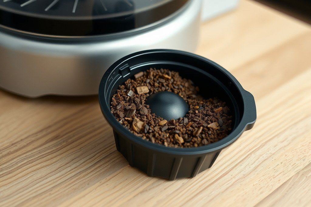 Recipiente de posos de café con un disco compacto de café usado dentro
