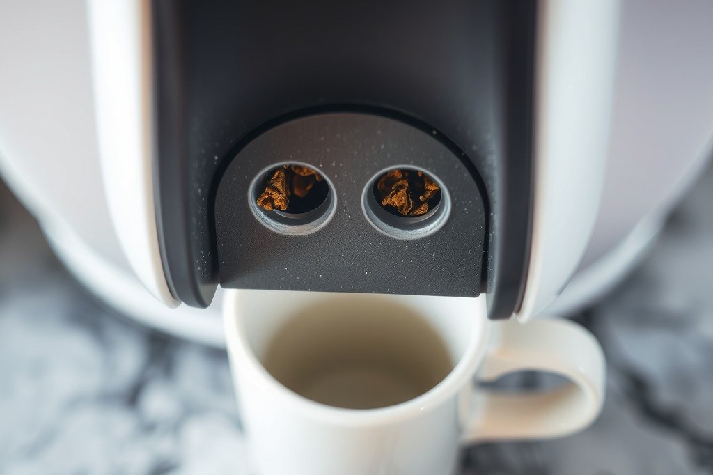 Salida de café de una superautomática con los dos orificios taponados por café seco