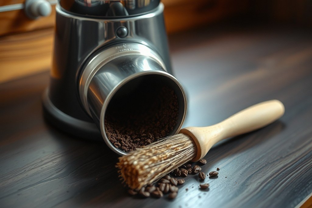 Salida metálica del molinillo con café molido compactado y un cepillo de limpieza al lado