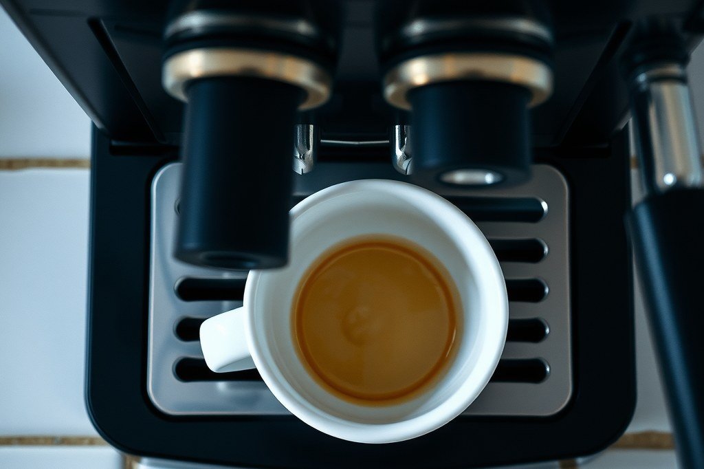 Taza de café bajo la salida de una cafetera superautomática negra