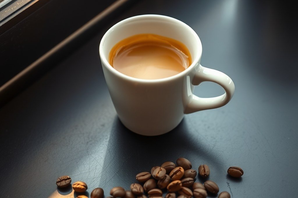 Taza de café espresso sobre una encimera oscura con granos de café