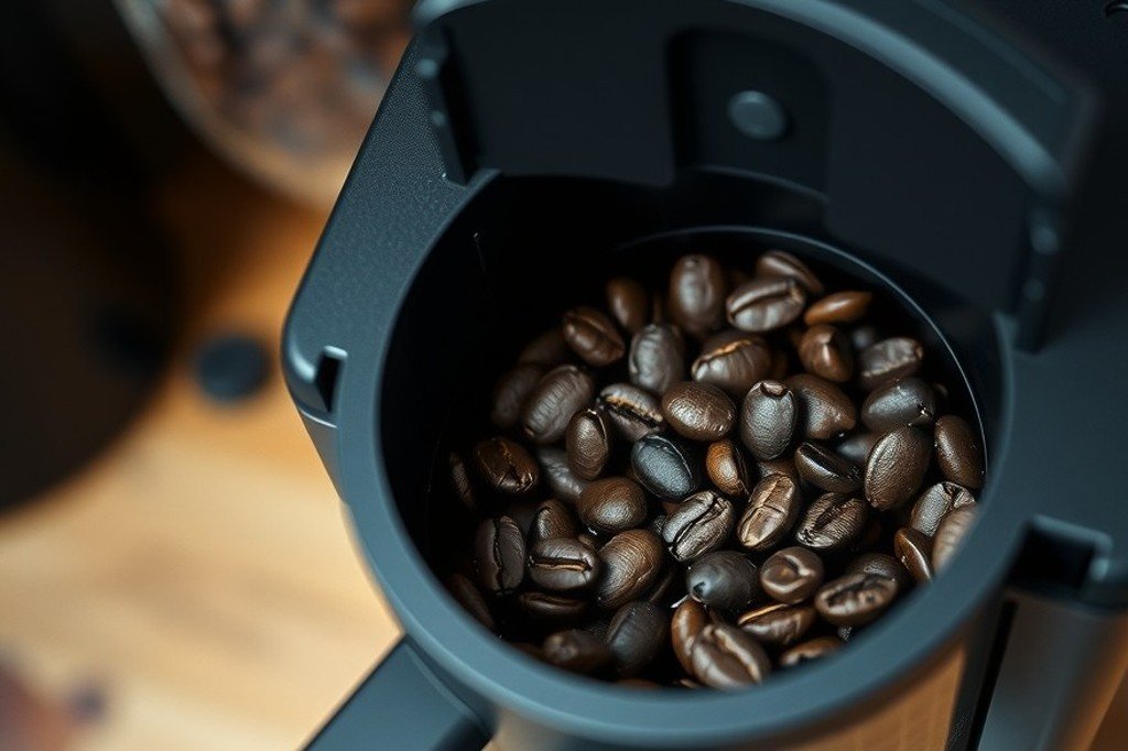 Tolva de una cafetera superautomática llena de granos de café