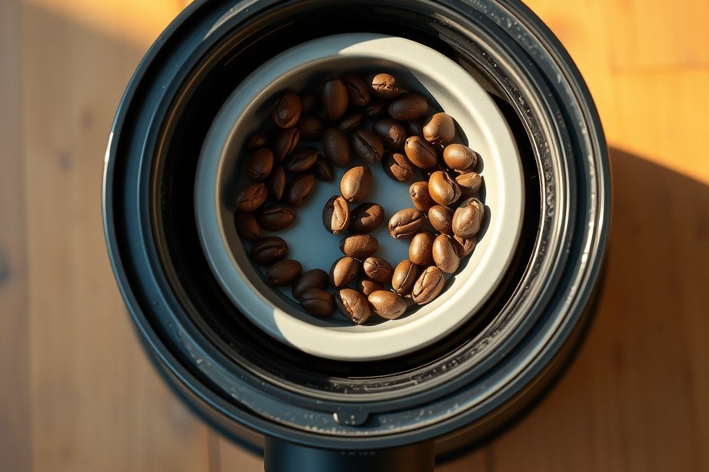 Tolva de una superautomática con granos de café vista desde arriba