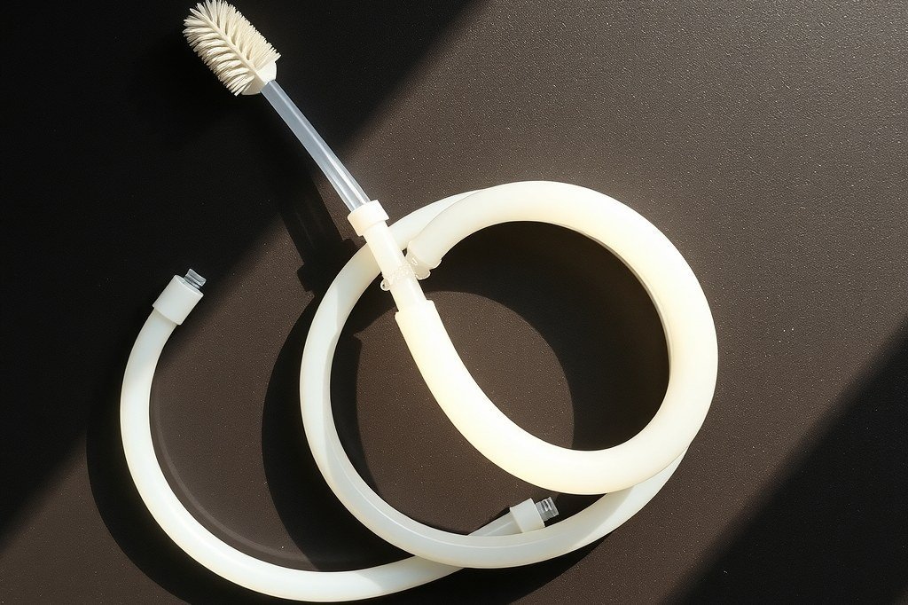 Tubo de silicona enrollado con un cepillo de mango largo insertado en un extremo