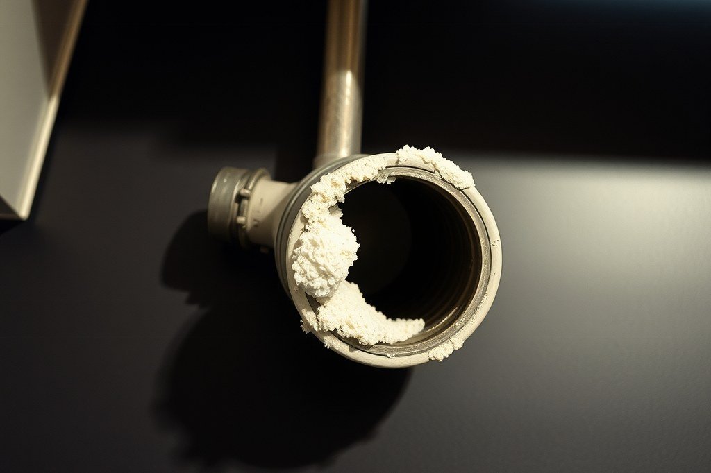 Tubo metalico con gruesa costra blanca de cal que estrecha la salida
